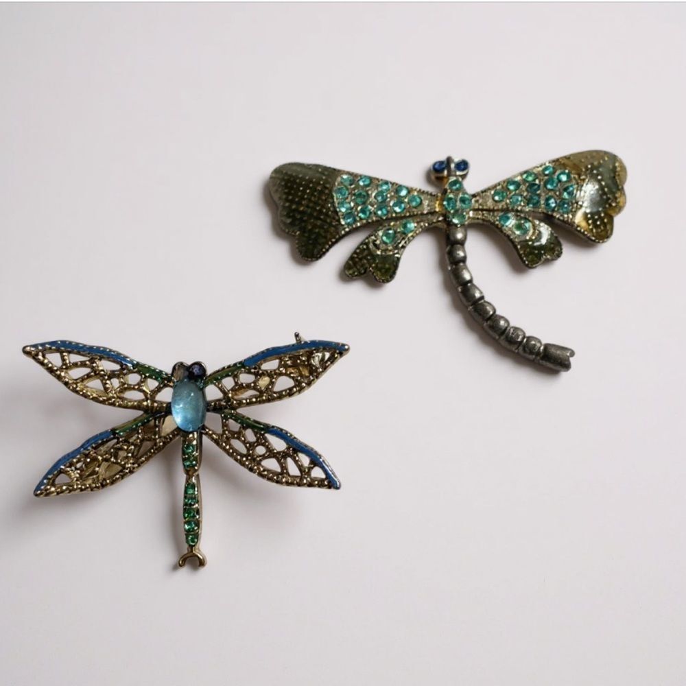 Lot of 2 Vintage Brooches Dragonfly & Butterfly Rhinestone Enamel Insect